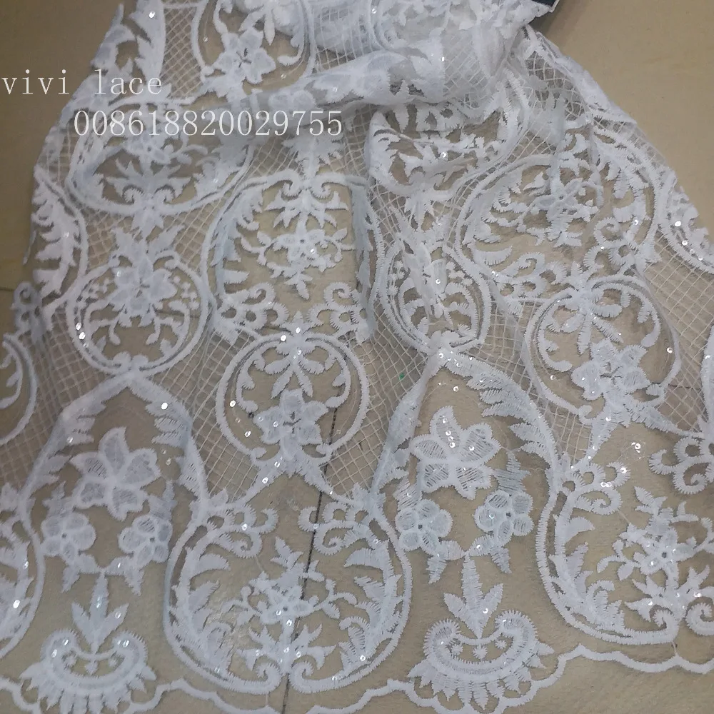 

5 yards nn001# offwhite ivory sequin milk fiber embroidery net mesh lace fabric for wedding dress sawing/party dress/occassion