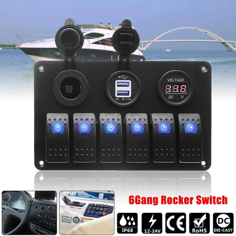 6 Gang LED Rocker Switch Panel Voltmeter Dual USB Power Charger Marine Boat RV Car Accessories
6 Gang LED Rocker Switch Panel Voltmeter Dual USB Power Charger Marine Boat RV Car Accessories