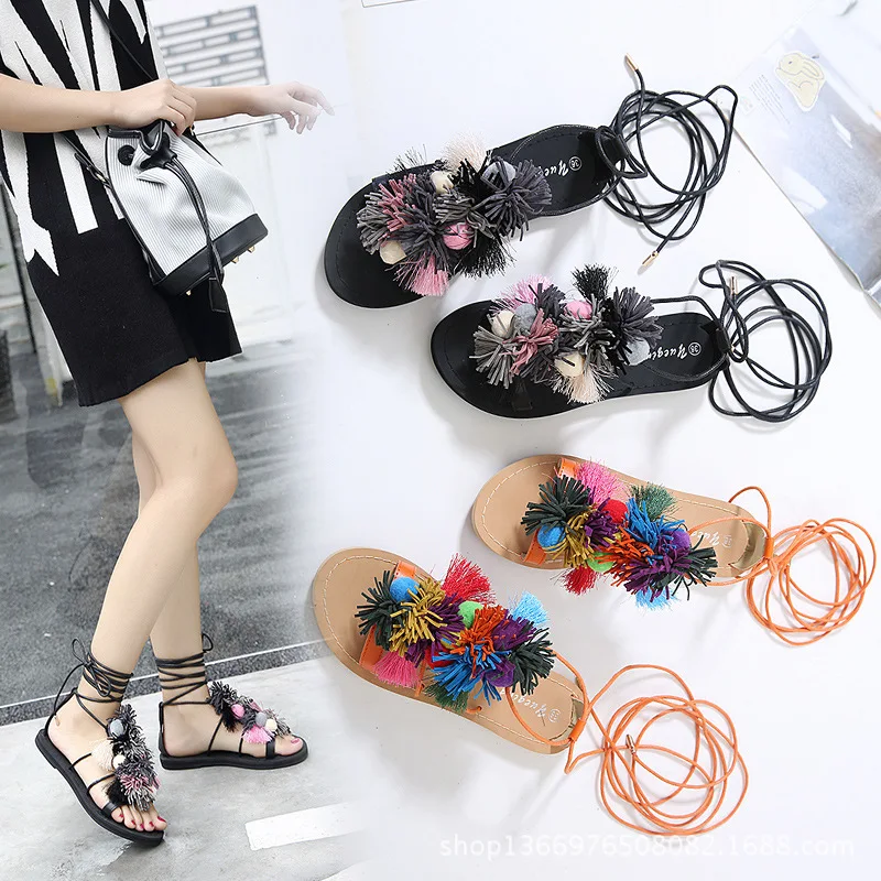 Bohemian Up Open Toe Sandals Handmade Rome gladiator sandals women Flats Fringed Fur Cross Strap Poms Woman Sandals Shoes 3153
Bohemian Up Open Toe Sandals Handmade Rome gladiator sandals women Flats Fringed Fur Cross Strap Poms Woman Sandals Shoes 3153