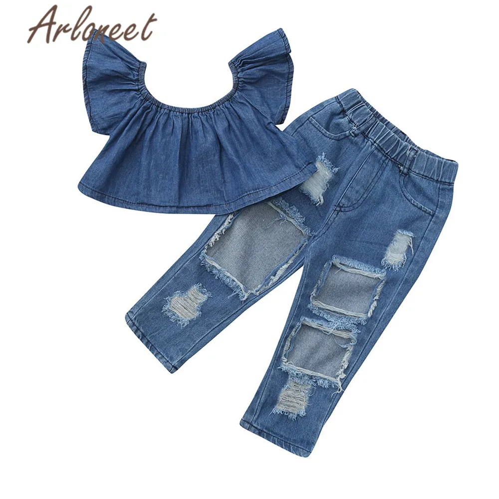 ARLONEET Fashion Clothes baby girls costume Off Shoulder Ruffled sleeve t shirt tops Hole Demin pants 2019 girls summer outfit
ARLONEET Fashion Clothes baby girls costume Off Shoulder Ruffled sleeve t shirt tops Hole Demin pants 2019 girls summer outfit