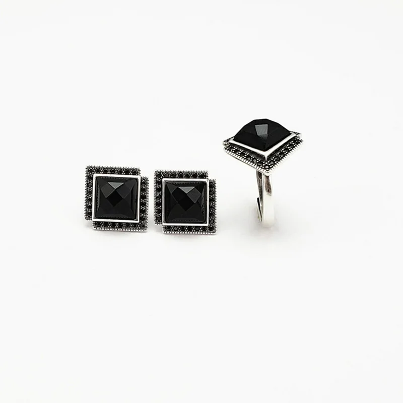 Real Pure s925 Silver Jewelry Sets Retro Vintage Women's Fine Jewelry With Black Onyx Faceted Natural Gemstone
Real Pure s925 Silver Jewelry Sets Retro Vintage Women's Fine Jewelry With Black Onyx Faceted Natural Gemstone