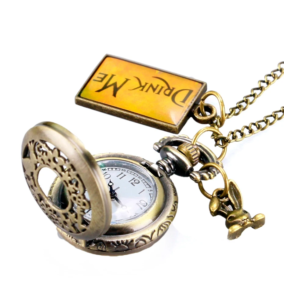 Retro Bronze Alice In Wonderland Drink Me Tag Women Rabbit Flower Pocket Watch Necklace Pendant Novelty Christmas Gifts Girl Boy 2017 2018 Men Women (8)