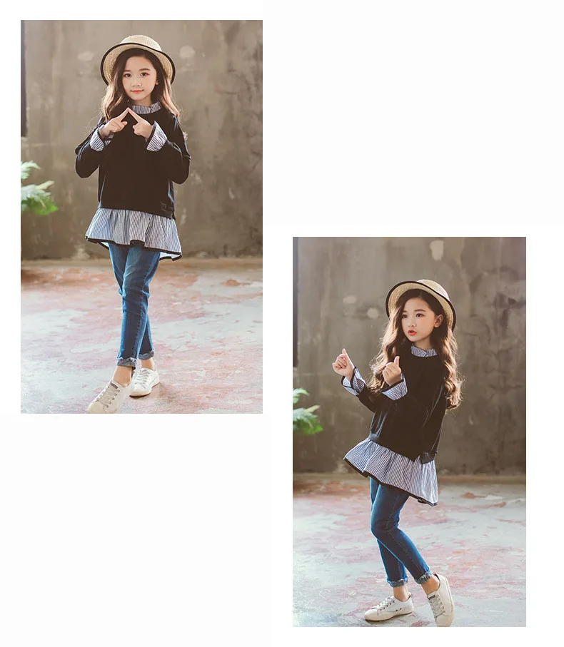 toddler girl outfits 2018 striped patchwork t-shirt tops denim pants clothes kids 2 pcs autumn suits children outfits clothing (9)