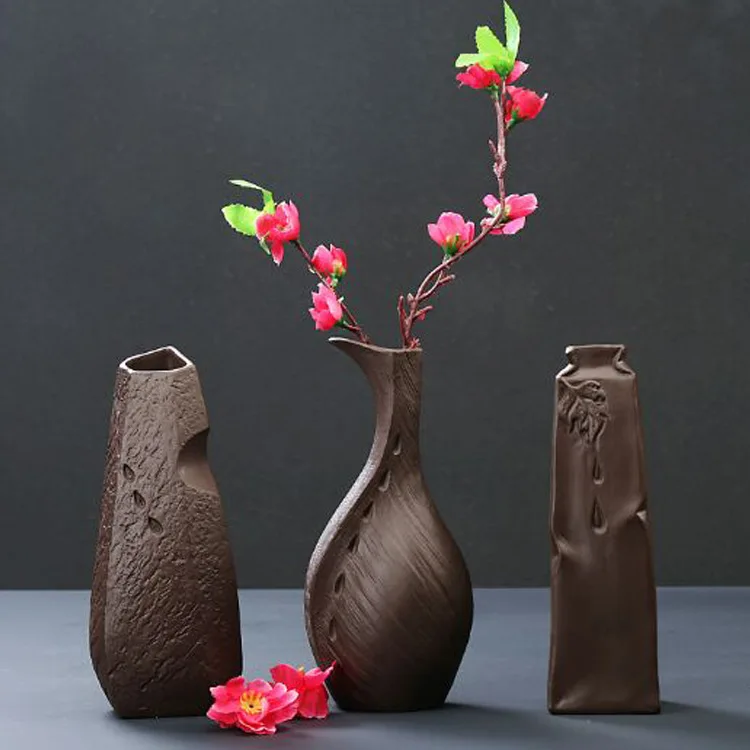 Fashion Creative Living Room Decoration Stoneware Dried Flower Arranger Vase Ceramic Black Pottery Desk Office Home Decor | Дом и сад