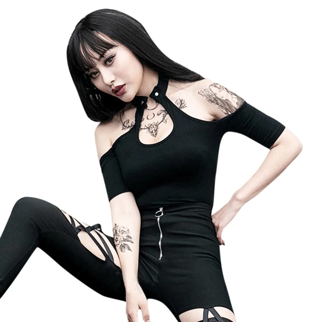 Summer Top Fashion T-Shirt Women Gothic Street Punk Halter Strapless Short Sleeve Shirt Top Black T-Shirt Off Shoulder Top Camis
Summer Top Fashion T-Shirt Women Gothic Street Punk Halter Strapless Short Sleeve Shirt Top Black T-Shirt Off Shoulder Top Camis