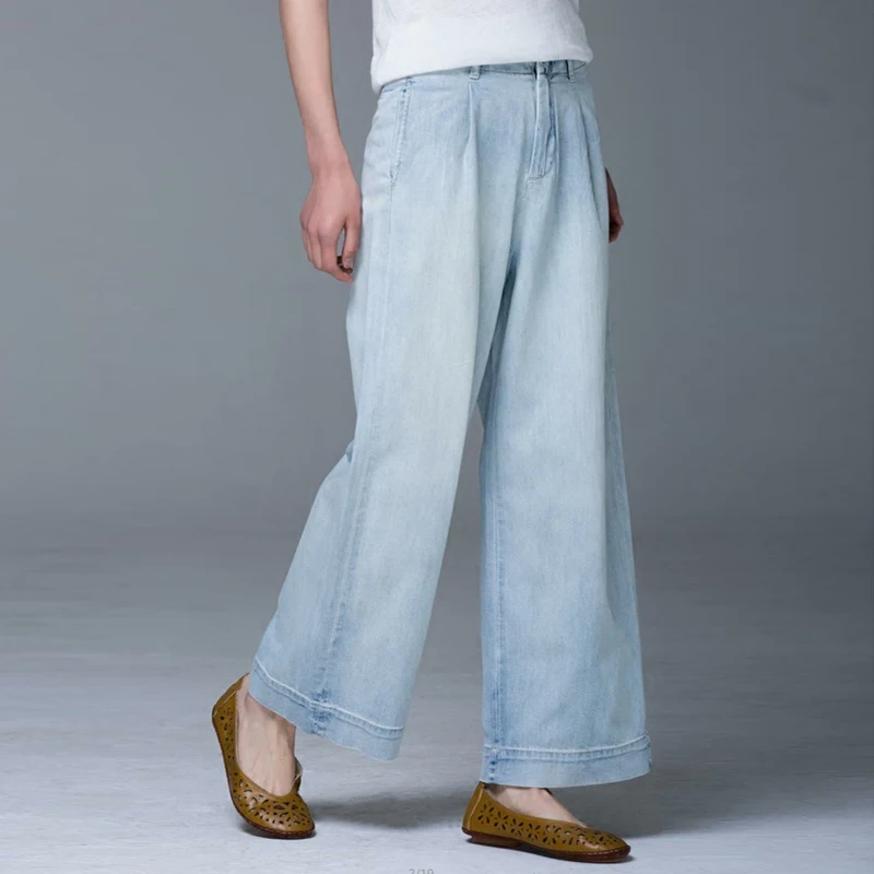 Cotton denim jeans casual wide leg pants for women new fashion spring autumn loose capris female trousers light blue qyx0805 |