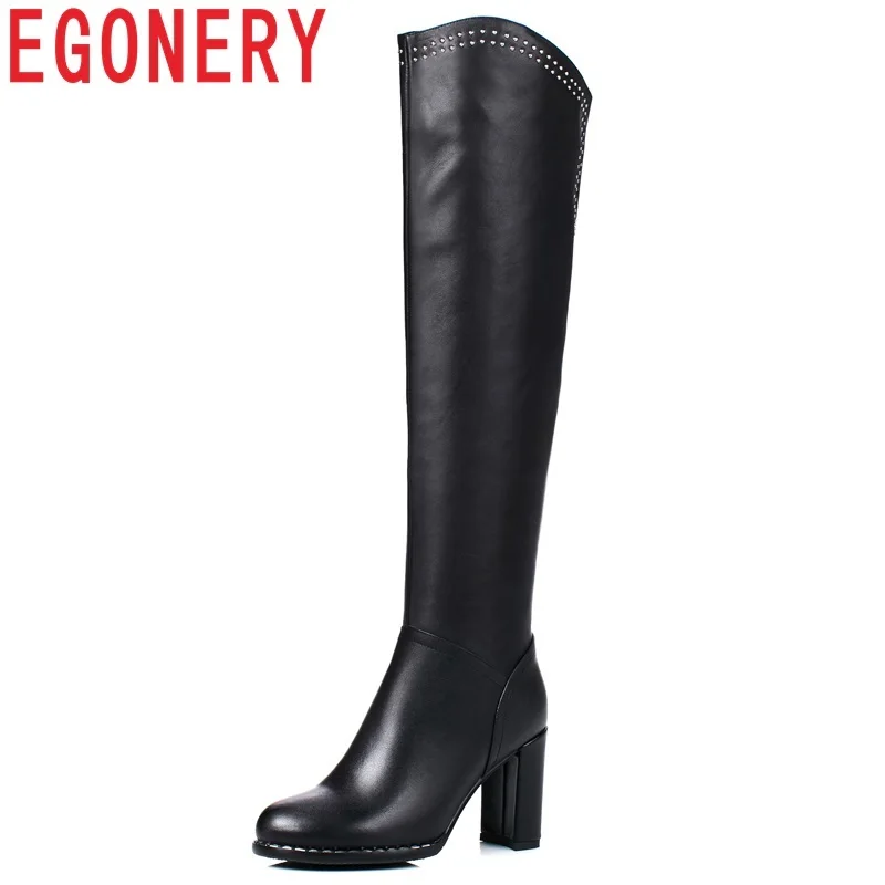 

EGONERY rivet genuine leather Plus Size 33-44 winter warm 9cm super high heels over the knee boots Zapatos de mujer woman shoes