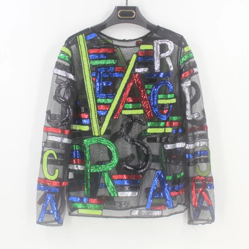 2019 Fashion Wear Runway Disco Multicolored Sequin Blouse Top Women Summer Perspective Letter Embroidered Pullover Mesh Shirt
2019 Fashion Wear Runway Disco Multicolored Sequin Blouse Top Women Summer Perspective Letter Embroidered Pullover Mesh Shirt