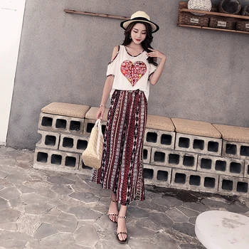 

Korean 2019 Chiffon Print Two Piece Set Fashion Off Shoulder Brief Twinset Plus Size Wide Leg Pants Trajes De Mujer De Verano