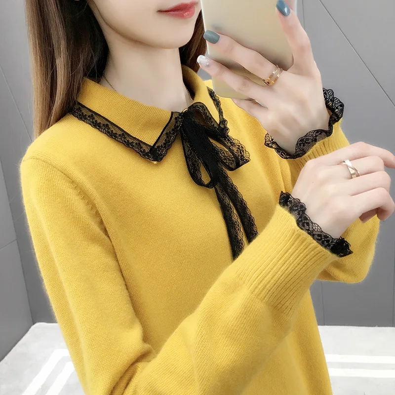 Bow Lace Soft Sweat Thick Long Sleeve Knit Blue White Yellow Classic Feminina Casual Warm Clothes Blouse Lace Patchwork Long
Bow Lace Soft Sweat Thick Long Sleeve Knit Blue White Yellow Classic Feminina Casual Warm Clothes Blouse Lace Patchwork Long