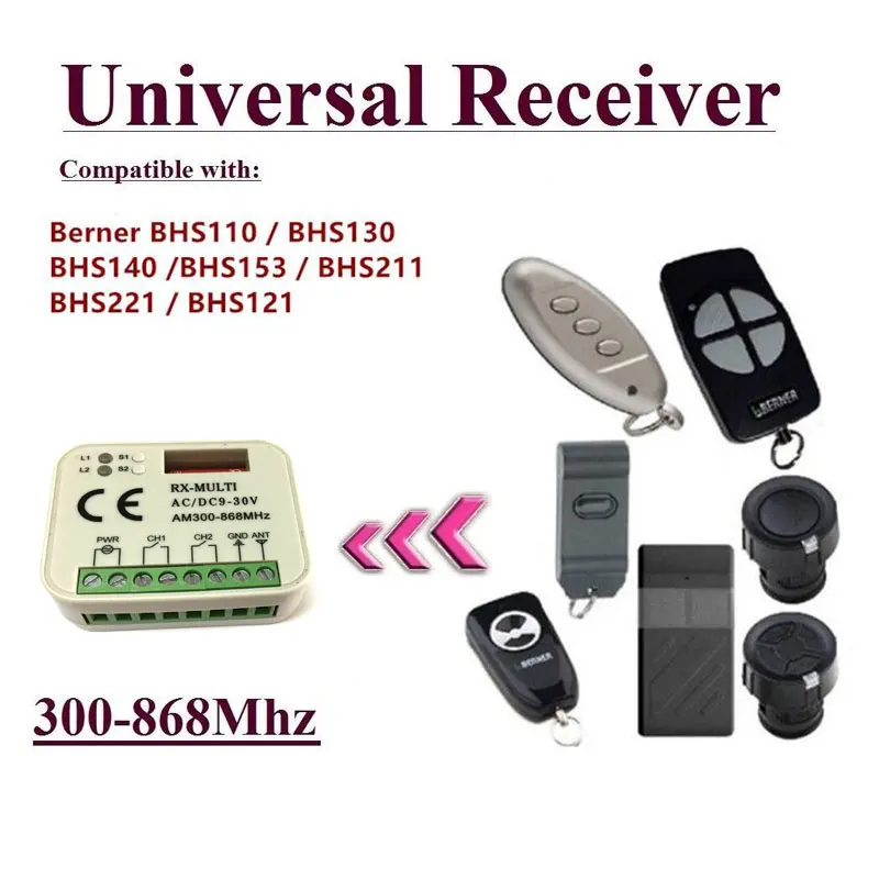 Auto Scan Multi frequency 300-868MHz Universal Garage door remote control Receiver for compatible Berner 868MHz receiver
Auto Scan Multi frequency 300-868MHz Universal Garage door remote control Receiver for compatible Berner 868MHz receiver