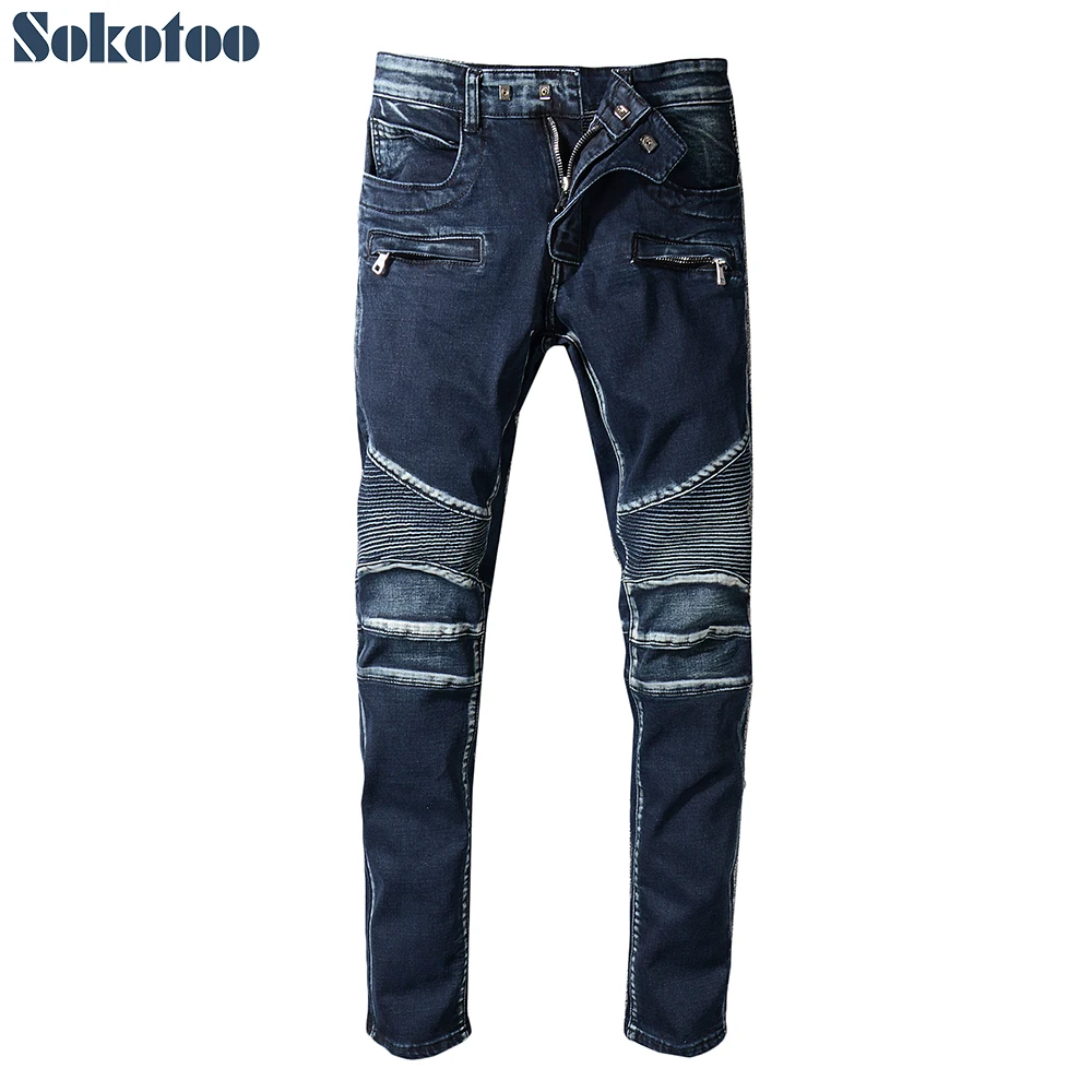 Sokotoo Men's navy blue slim biker jeans for moto Plus size patchwork pleated denim pencil pants High quality
Sokotoo Men's navy blue slim biker jeans for moto Plus size patchwork pleated denim pencil pants High quality