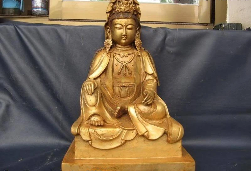 Китайская Бронзовая позолота kwan-Yin Bodhisattva Guan Yin статуя Будды | Дом и сад