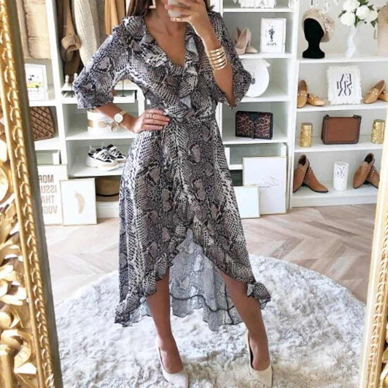 Fashion Women Ruffled Side Irregular Vogue Snakeskin Print Dress Female V neck Casual Dresses Vestidos Ladies Dress Split Front
Fashion Women Ruffled Side Irregular Vogue Snakeskin Print Dress Female V neck Casual Dresses Vestidos Ladies Dress Split Front