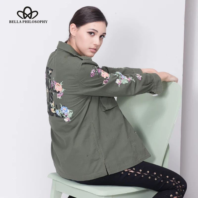 Image Bella Philosophy  2017  spring Female floral embroidery army green jacket