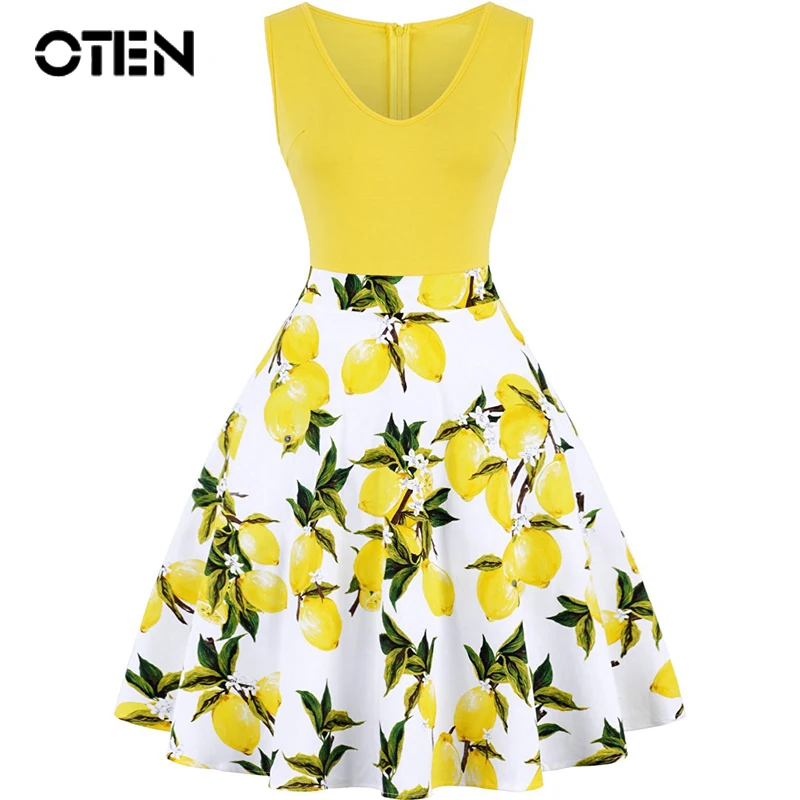 OTEN Women Sleeveless Summer Lemon Flower Printed V Neck contrast color A Line Casual Party lady dresses midi plus size feminino
OTEN Women Sleeveless Summer Lemon Flower Printed V Neck contrast color A Line Casual Party lady dresses midi plus size feminino