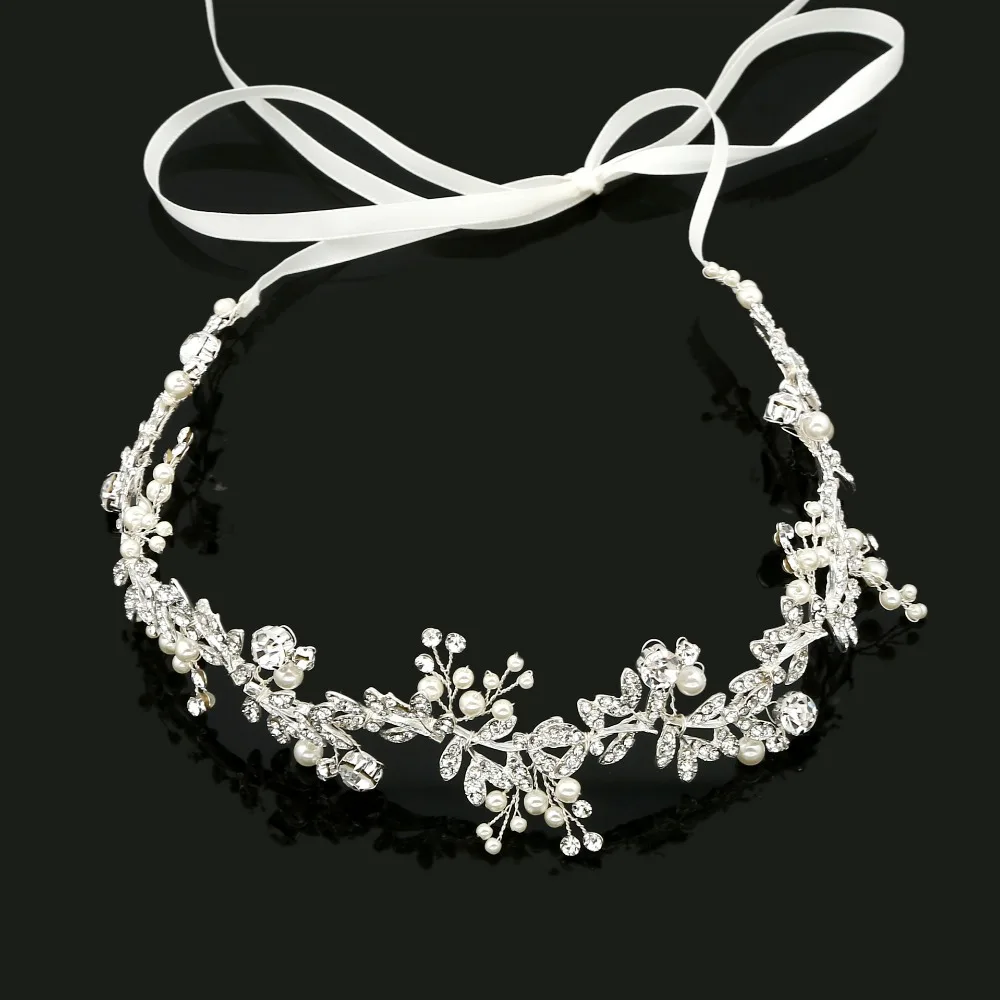 

Floralbride Handmade Ribbon Wired Rhinestones Crystals Pearls Flower Leaf Wedding Headband Bridal Hair Vine Hair Accessories