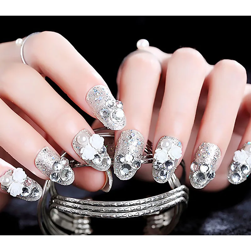 DIY Round Head Short Size Nail Art Tips with Glue Girls Silver Color Flower Fake Nails Fashion Shining Rhinestone False Nails
DIY Round Head Short Size Nail Art Tips with Glue Girls Silver Color Flower Fake Nails Fashion Shining Rhinestone False Nails