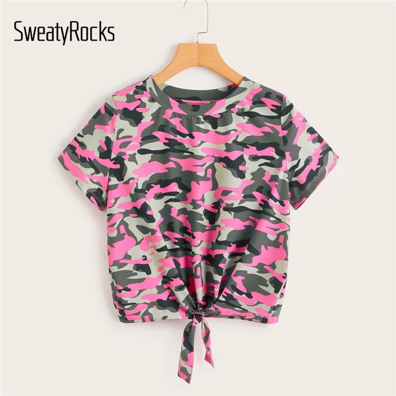 

SweatyRocks Tie Front Neon Camo Print Top Women Streetwear Tees 2019 Short Sleeve Casual T-shirts Womens Summer Basics Tops