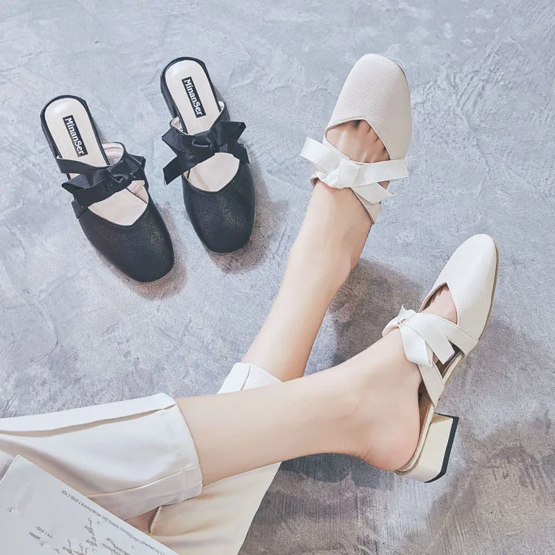 

Slippers Outside Leather Brief Flat Mules Rubber Female Modis New 2019 Summer Ladies Chunky Heel Babouche Closed Toe Bow Knot
