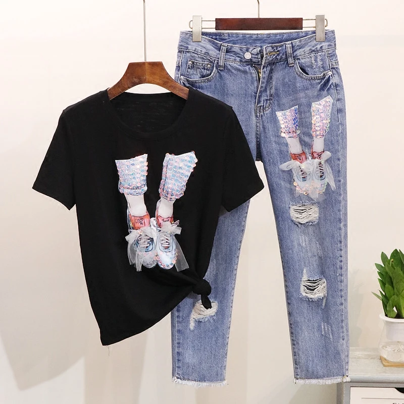 2019 New Spring Summer Women Sequin Gauze Shoe Short-sleeve T-shirt + Holes Seven points Jeans Pants Casual Women Two Piece Set
2019 New Spring Summer Women Sequin Gauze Shoe Short-sleeve T-shirt + Holes Seven points Jeans Pants Casual Women Two Piece Set