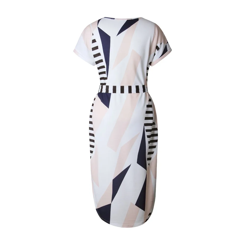 white Print V Neck Short Sleeve Casual Midi Dress 