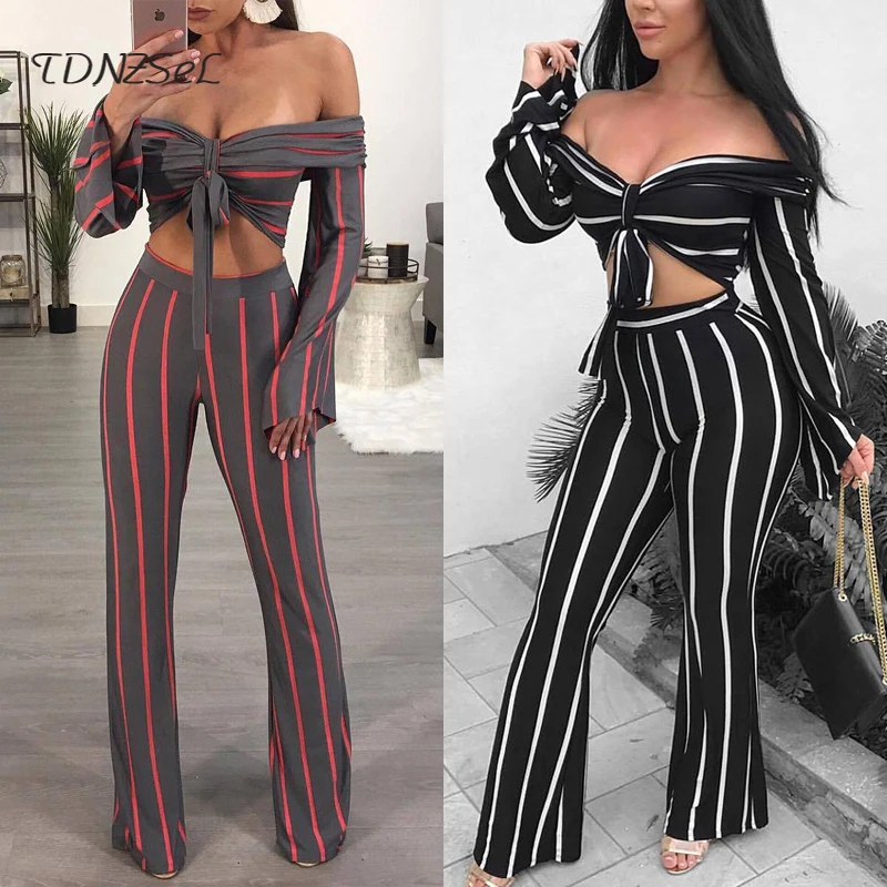 Sexy Long Sleeve Off Shoulder Crop Top Striped Flare Pants Party 2 Two Piece Sets Women Elastic Strapless Backless Twin Set suit
Sexy Long Sleeve Off Shoulder Crop Top Striped Flare Pants Party 2 Two Piece Sets Women Elastic Strapless Backless Twin Set suit