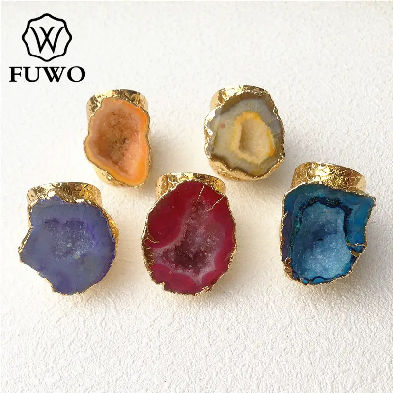 FUWO Wholesale Mixed Colors Geode Rings With Gold Brass Plated Natural Agates Cave Slice Jewelry Adjustable Size RG001
FUWO Wholesale Mixed Colors Geode Rings With Gold Brass Plated Natural Agates Cave Slice Jewelry Adjustable Size RG001