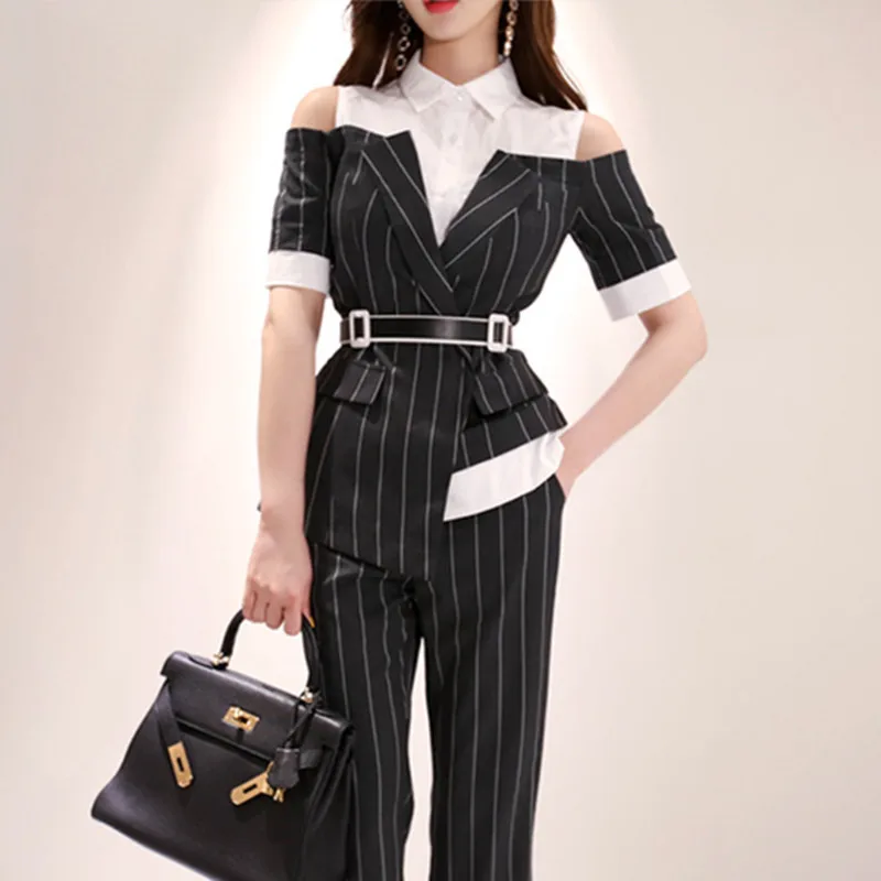 2019 Summer Short Sleeve Contrast color Patchwork turn down collar tops and Striped Long Pant Two Piece Sets Office Work Suits
2019 Summer Short Sleeve Contrast color Patchwork turn down collar tops and Striped Long Pant Two Piece Sets Office Work Suits