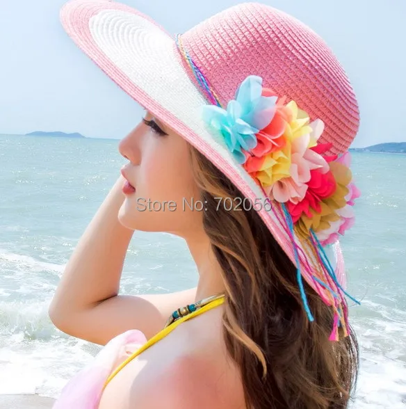 

2016 Women Grass Braid Wide Brim hats Floppy Summer UV Protection Beach Sun Hat Dome fishing Cap bucket hat summer 6 color #3846