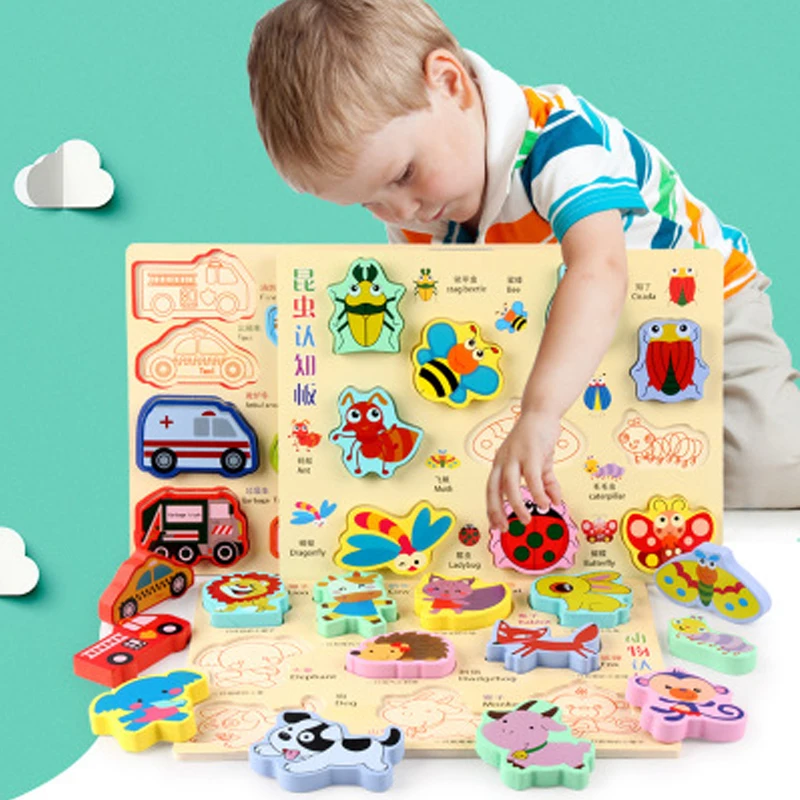 Hand Hold Knob Hook Puzzle Wood Quality Digital Animal Insect Character Alphabet Cognition Board Children's Toys | Игрушки и хобби