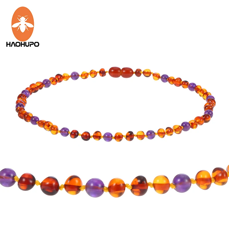 

HAOHUPO Amber Teething Necklace Knotted Mix Round Natural Gemstone Beads Polished Natural Baltic Amber Jewelry for Baby Women