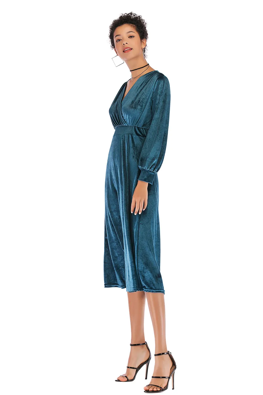 Gladiolus 2018 Autumn Winter Dress Women Long Sleeve V-Neck Tunic Swing Midi Sexy Gold Velvet Dress Women Evening Party Dresses (20)