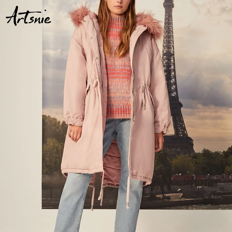 Artsnie Pink Casual Winter Faux Fur Hooded Long Parkas Women Thick Warm Double Pockets Coats Femme Lace Up Autumn 2018 Outerwear
Artsnie Pink Casual Winter Faux Fur Hooded Long Parkas Women Thick Warm Double Pockets Coats Femme Lace Up Autumn 2018 Outerwear