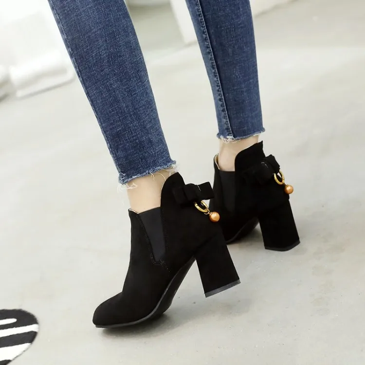 

Big Size 11 12 13 14 15 Rough-heeled, round-headed, beaded, fashionable bow-tied, medium-heeled boots