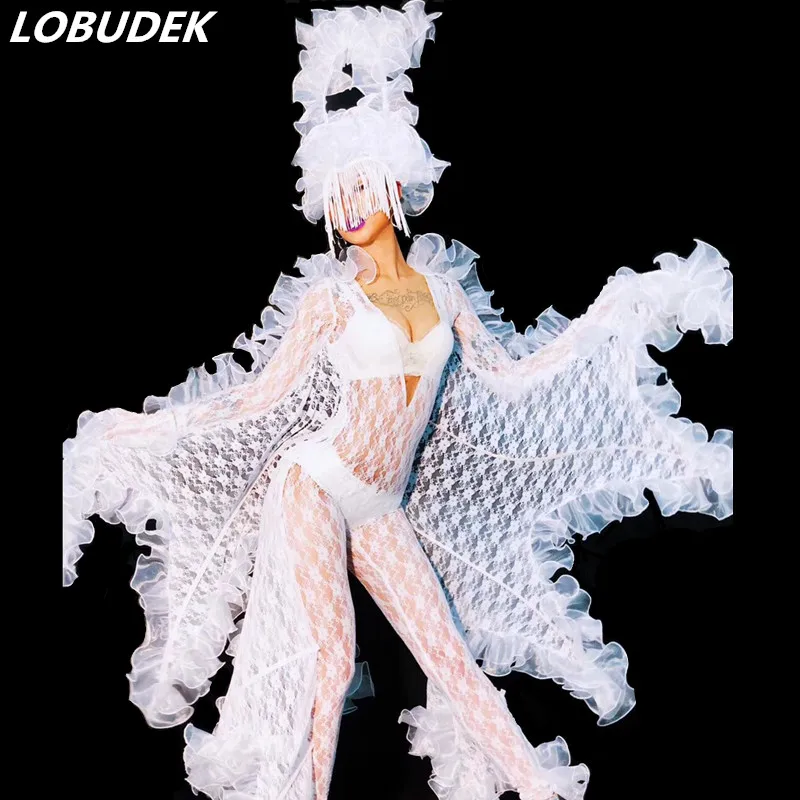 Sexy See-through White Lace Jumpsuit Women Dance Team Performance Costume Nightclub Singer Stage Wear Fashion Wing Dance Outfit
Sexy See-through White Lace Jumpsuit Women Dance Team Performance Costume Nightclub Singer Stage Wear Fashion Wing Dance Outfit