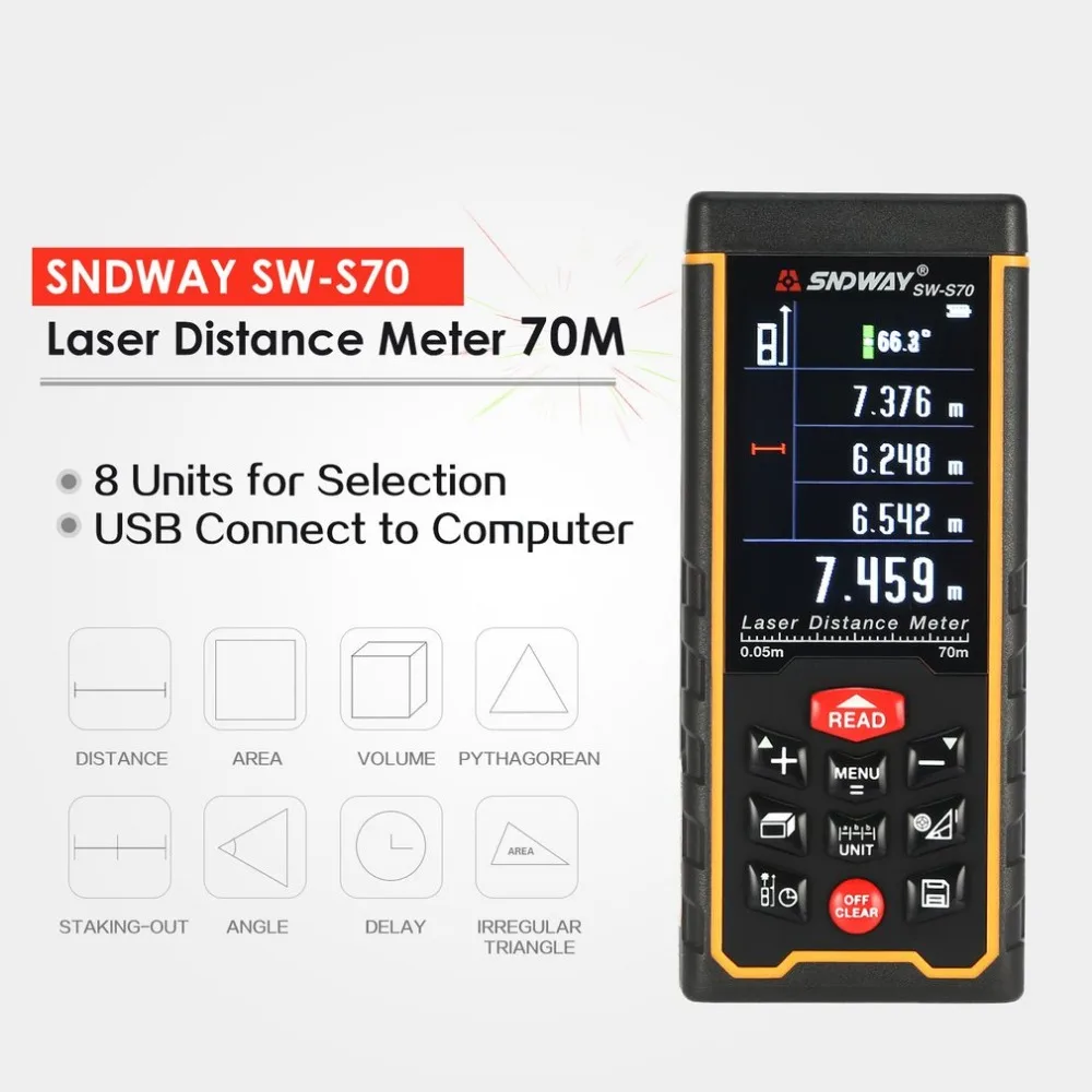 SNDWAY SW-S70 70M Handheld Laser Distance Meter Range Finder Trena Laser Tape Measure Distance Tool Rangefinder
SNDWAY SW-S70 70M Handheld Laser Distance Meter Range Finder Trena Laser Tape Measure Distance Tool Rangefinder