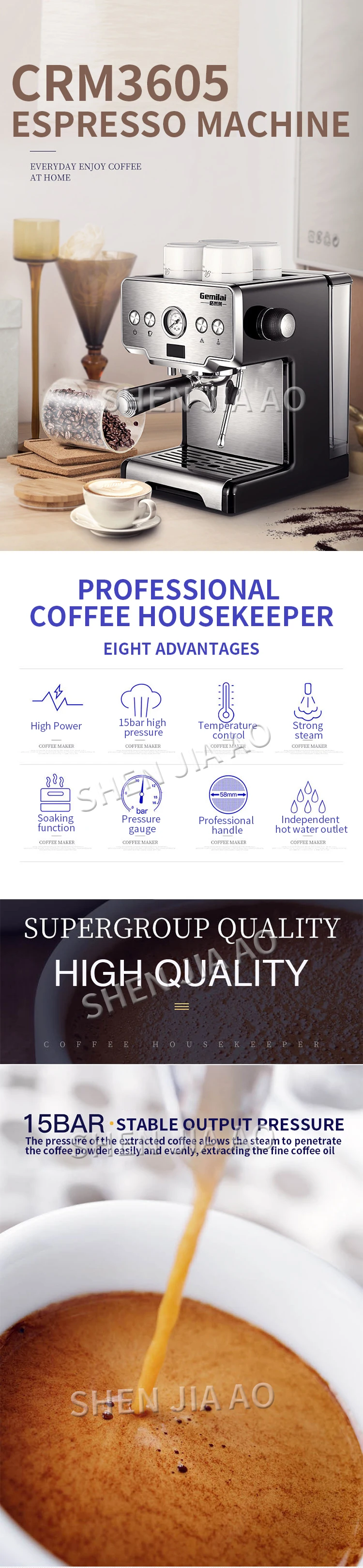 CRM3605 15bar Italian Coffee Machine for Home Coffee Maker Espresso Maker Semi-Automatic Pump Type Cappuccino Milk Bubble Maker CRM3605 15bar Italian Coffee Machine for Home Coffee Maker Espresso Maker Semi-Automatic Pump Type Cappuccino Milk Bubble Maker