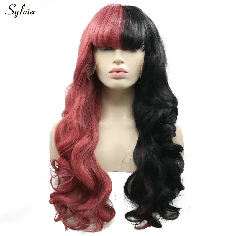 new style fashion wig synthetic lace front wig heat resisitant fiber half black and half red rock wig for women (3)