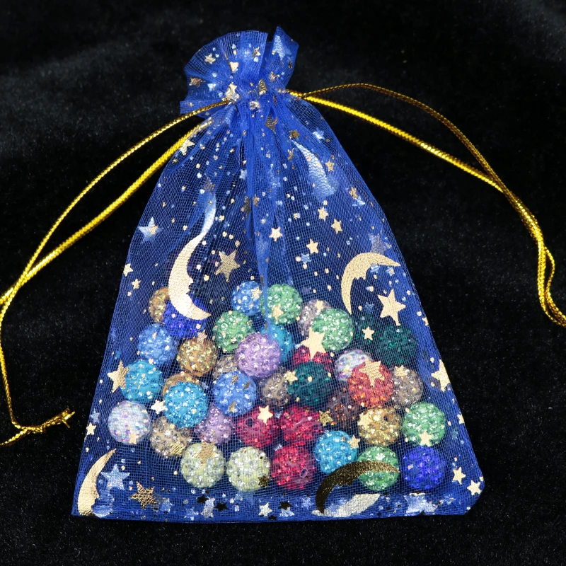 7x9cm Lovely Royal Blue Drawstring Pouches 100pcs/lot Print Star Moon Organza Jewelry Packaging Bags for Party Gifts Candy Pack | Украшения