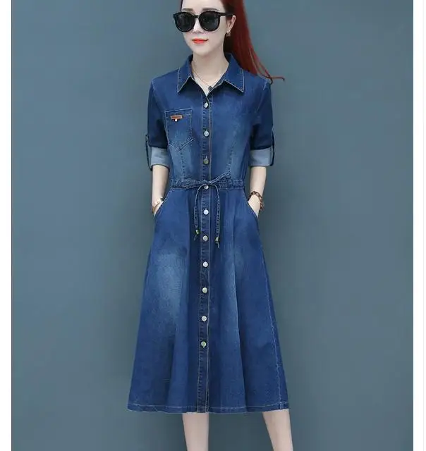 Women Denim Dress Long Sleeved Casual Turn-down Collar Loose Sash Dress Autumn Lady Denim Blue Dresses Vestidos De Festa
Women Denim Dress Long Sleeved Casual Turn-down Collar Loose Sash Dress Autumn Lady Denim Blue Dresses Vestidos De Festa