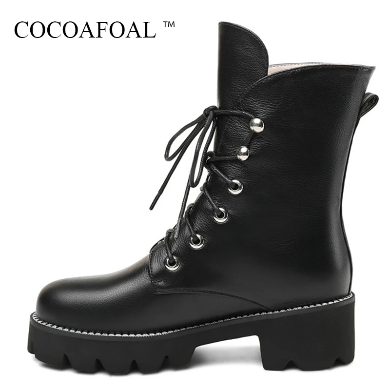 COCOAFOAL Genuine Leather Lace Up Martin Boots Plus Size 33 43 Woman Autumn Winter Flat Chelsea Boots Fashion Black Ankle Boots