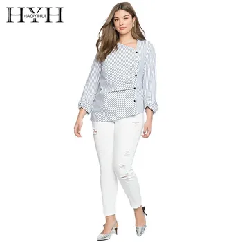 

HYH Haoyihui Plus Size Sunmer Tops For Office Lady 2018 V-neck Striped Woman Blouse Asymmetric Casualbottom Shirt New Arrive