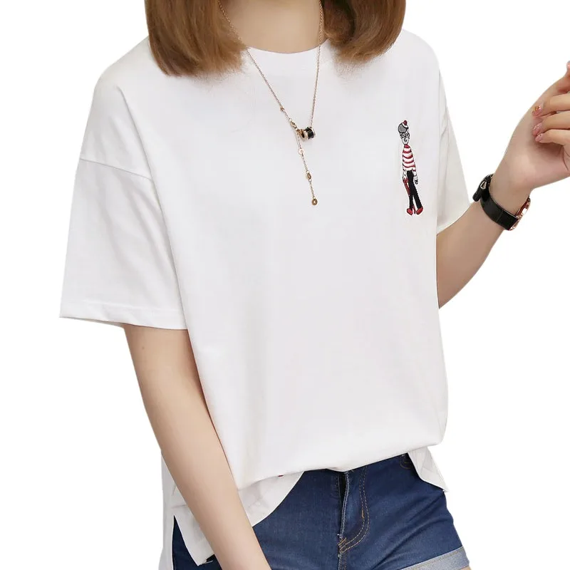 Casual Loose Round Neck Tops Female Student Girls T-Shirt Cartoon Embroidery Korean Version Half Sleeves T-shirt For Women
Casual Loose Round Neck Tops Female Student Girls T-Shirt Cartoon Embroidery Korean Version Half Sleeves T-shirt For Women