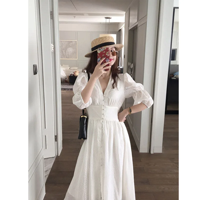 Retro Dress Super Fairy Knee Bubble Sleeve Dress V-Neck Puff Sleeve Mid-Calf Three Quarter Fashion Dress Women 2018
Retro Dress Super Fairy Knee Bubble Sleeve Dress V-Neck Puff Sleeve Mid-Calf Three Quarter Fashion Dress Women 2018