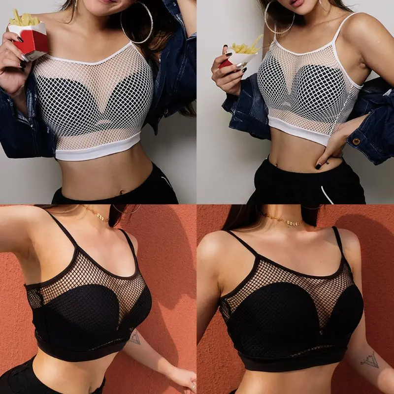 

Women Sexy Sheer Mesh Camisole Hollow Out Fishnet Crop Top Solid Color Bralette Vest Spaghetti Strap Sport Night Party Clubwear