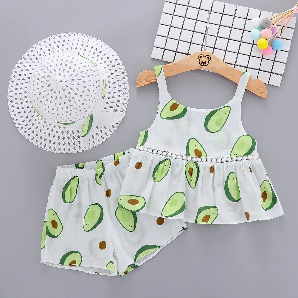 2019 Summer Baby Girls 3Pcs Suits Fruit Print Spaghetti Strap Blouse Vest Tops + Beach Shorts + Bow Sunhat Kids Clothing Sets
2019 Summer Baby Girls 3Pcs Suits Fruit Print Spaghetti Strap Blouse Vest Tops + Beach Shorts + Bow Sunhat Kids Clothing Sets