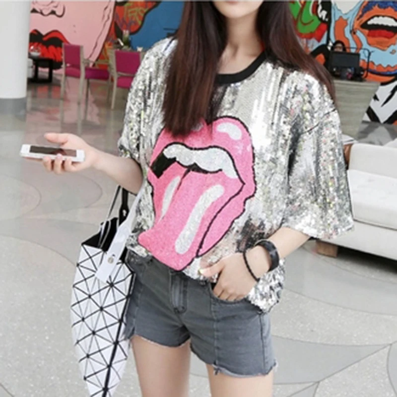Harajuku Women Sexy Sequined streetwear Tshirts 2018 Cute tongue Printed Hip-hop Club Wear DS dance shirts All-match Casual Tops
Harajuku Women Sexy Sequined streetwear Tshirts 2018 Cute tongue Printed Hip-hop Club Wear DS dance shirts All-match Casual Tops