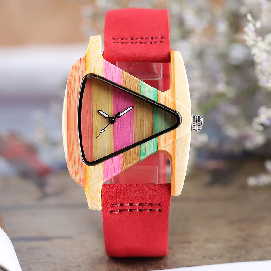 Creative Women Wood Watches Unique Colorful Wooden Triangle Hollow Quartz Wristwatch Ladies Elegant Fashion Genuine Leather Hour (20)