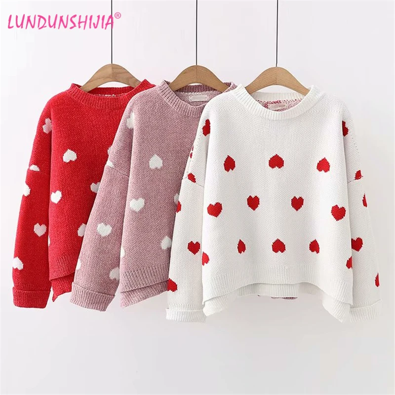 LUNDUNSHIJIA 2018 New Arrival Autumn Women's Sweater Sweet Cute Peach Hearts Printed Fashion Loose Outerwear Female Sweater
LUNDUNSHIJIA 2018 New Arrival Autumn Women's Sweater Sweet Cute Peach Hearts Printed Fashion Loose Outerwear Female Sweater